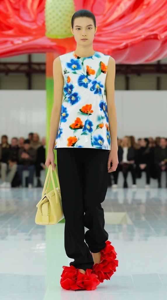 runway fashion model, shiny white sleeveless top with vivid blue and orange floral prints, loose black trousers, voluminous red ruffled sculptural shoes resembling flower petals, pale yellow leather handbag, glossy white floor, massive glossy red and green abstract floral sculpture in blurred background, out of focus seated audience, bright runway lighting, full body shot