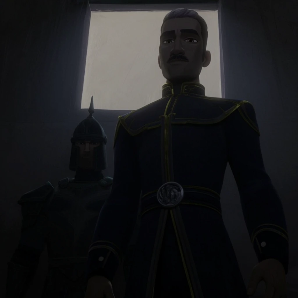 A low-angle, dimly lit shot featuring two figures standing in a shadowy environment, with a bright square window or light source directly behind them. The primary figure, a tall man with short hair and a mustache, wears a tailored dark blue uniform featuring ornate gold trim, a high collar, and a circular metallic belt buckle. He stands with a formal, upright posture, looking down toward the camera. Behind him and slightly to his left stands a secondary figure, an armored guard wearing a helmet with a spike or crest on top, mostly obscured by deep shadows. The scene is rendered in a stylized, 3D animated format with a cinematic aesthetic, utilizing strong backlighting to create a dramatic, imposing silhouette against the pale light of the opening above. The color palette is heavily dominated by dark grays and deep blues, punctuated only by the gold accents on the uniform and the stark white light.