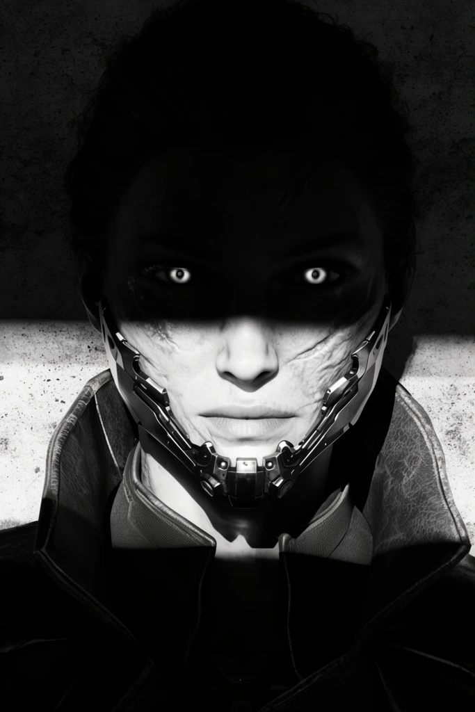 Close-up portrait of a scarred warrior woman with metallic jaw augmentations and a high-collared leather coat. High-contrast lighting casts deep shadow across her upper face, obscuring all but piercing cybernetic eyes. Her lower face is sharply lit by cold white light against a horizontally split, textured concrete background. Monochromatic palette with intense chiaroscuro.
