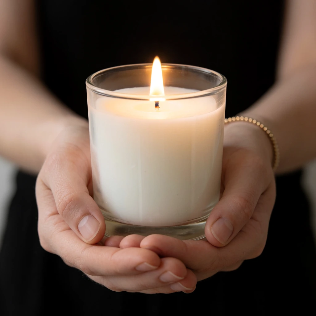 close-up of hands cupping a lit white candle in a clear glass jar, bright glowing flame illuminating smooth white wax, pale skin with fine texture, thin gold beaded bracelet on the left wrist, black out-of-focus background, figure wearing dark clothing blending into shadows, warm intimate lighting, shallow depth of field, sharp focus, minimalist commercial photography