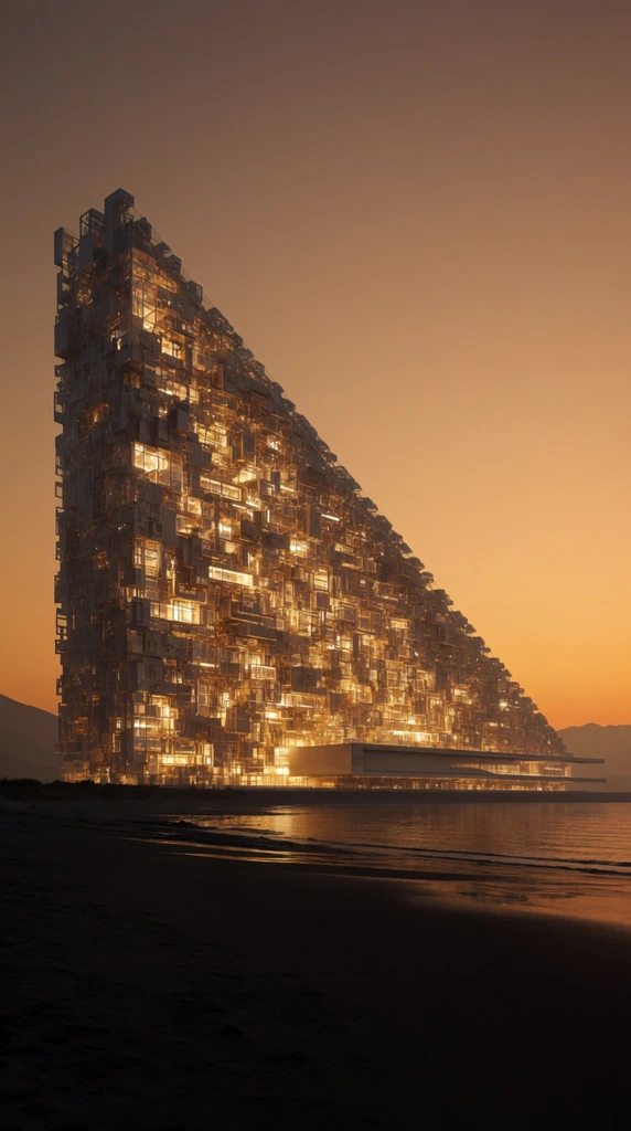 A colossal, wedge-shaped futuristic building rises from a dark shoreline beneath a gradient orange twilight sky. The mega-structure features a sheer vertical left wall and a sharply sloping roofline forming a monumental triangular silhouette. Its highly complex facade is a dense matrix of interlocking rectangular modules glowing intensely with warm golden interior lighting. A sleek horizontal pavilion anchors the lower right beside a dark, reflective body of water. Deep shadows blanket the wet sandy beach in the foreground, contrasting with the luminous architecture and hazy distant mountains. The photorealistic architectural rendering employs low-angle cinematic framing to emphasize the dramatic scale and intricate geometric density of the coastal monolith.