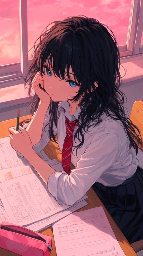 anime illustration, young woman leaning on a desk, messy dark hair, blue eyes, white shirt, red striped tie, dark pleated skirt, resting cheek on hand, holding a pencil, scattered study papers, pink pencil case, warm sunset lighting, pink sky through window, high angle perspective
