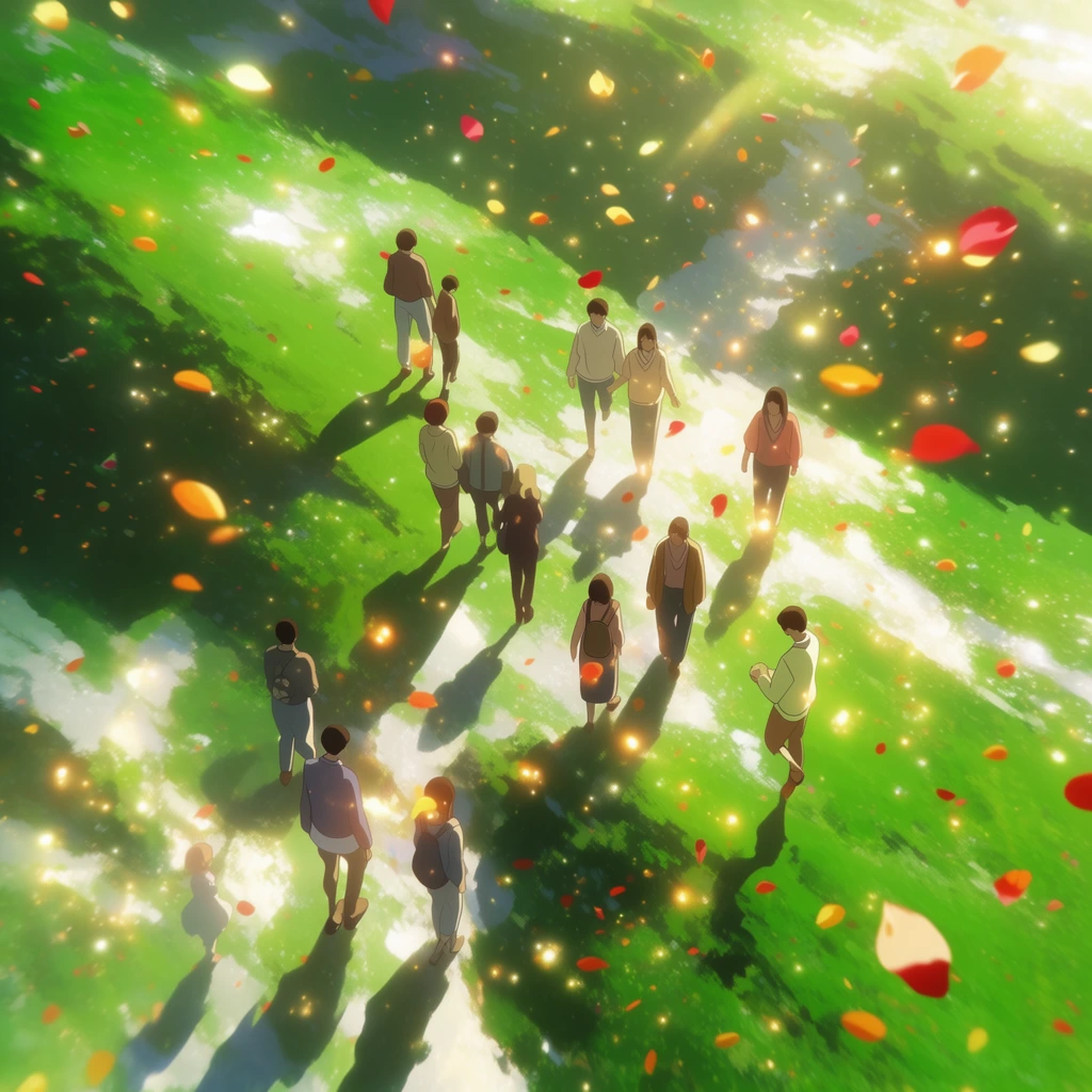 An aerial view of people walking across a vivid, intensely saturated green landscape, rendered in an ethereal, high-fidelity anime illustration style. Radiant volumetric sunlight bathes the scene, creating stark, crisp shadows that contrast sharply with brilliantly illuminated patches of terrain. A multitude of glowing light motes, sparkling flares, and vibrant red, orange, and golden petals drift dynamically across the composition. A soft, luminous bloom effect softens the intense highlights and radiant sunbeams. The digital rendering utilizes crisp painterly brushstrokes blended with precise, stylized light interactions, establishing a fantasy-driven, heavily atmospheric aesthetic defined by brilliant emerald greens, warm golden light, bright white atmospheric haze, and vivid, vividly colored floating accents.