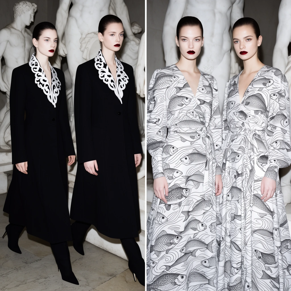 A split-frame fashion photograph contrasting models against classical white marble statues. The left frame features models walking in structural black coats with intricate white cut-out collars. The right displays models posing in flowing white dresses patterned with black line-art illustrations of fish and waves. All share slicked-back hair and bold dark red lips. Direct flash lighting casts sharp shadows, emphasizing the stark monochrome palette, intricate garment textures, and the striking juxtaposition of modern apparel with muscular stone figures.