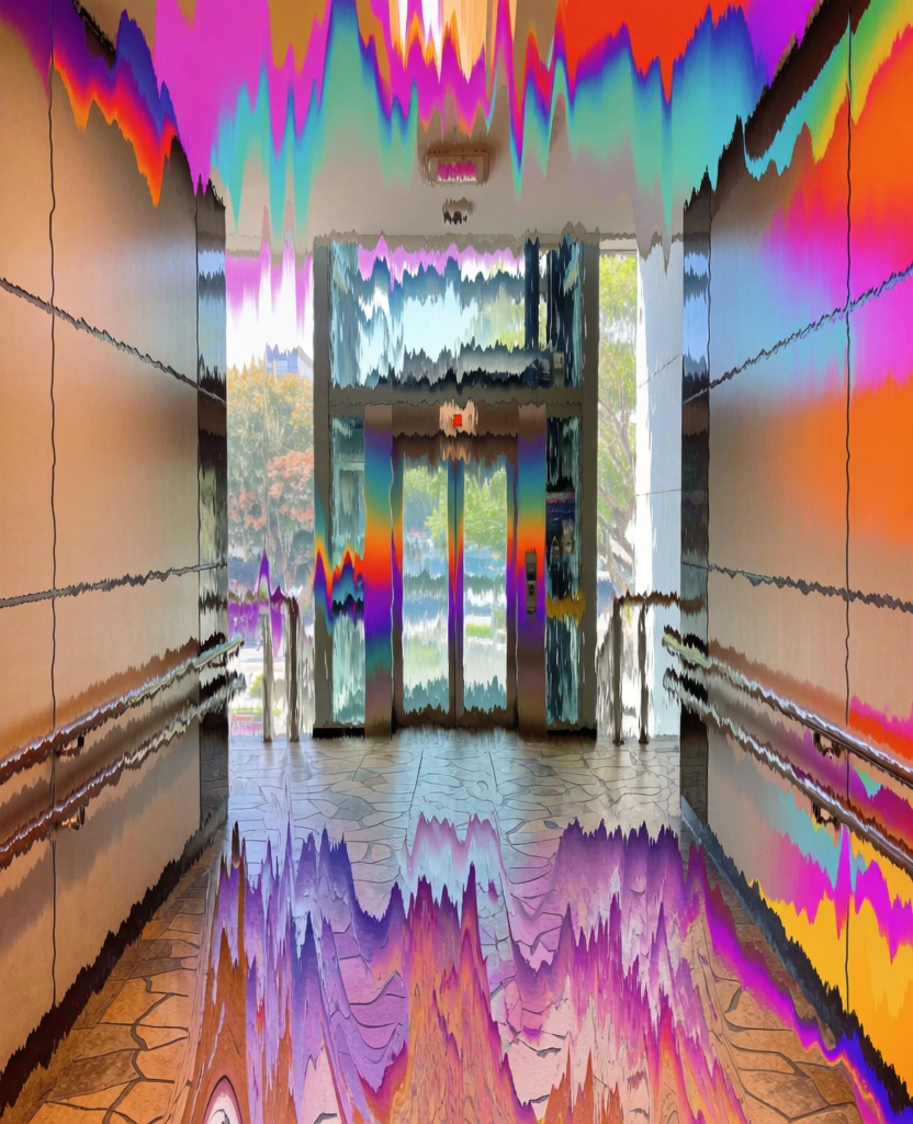 low-angle perspective down a sleek hallway towards a glass elevator, large flat panel walls with lower handrails, patterned stone floor, view of trees and a street through the elevator glass, all rendered in a heavy pixel sorting glitch aesthetic, vertical melting streaks, vibrant neon magenta and electric cyan, saturated orange and deep violet, jagged digital noise, high contrast data corruption style, layered textural distortions, fluid vertical dragging of pixels, vaporwave palette.