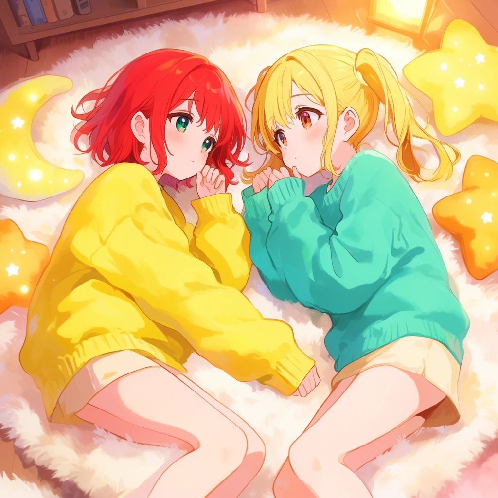 two young women in an anime illustration style lying on a fluffy white rug, top-down perspective, left figure with short red hair in an oversized yellow sweater, right figure with blonde twin-tails in a teal sweater, looking at each other with soft expressions, surrounded by plush glowing star and moon pillows, warm cozy indoor lighting, vibrant pastel color palette, soft shading, relaxed atmosphere