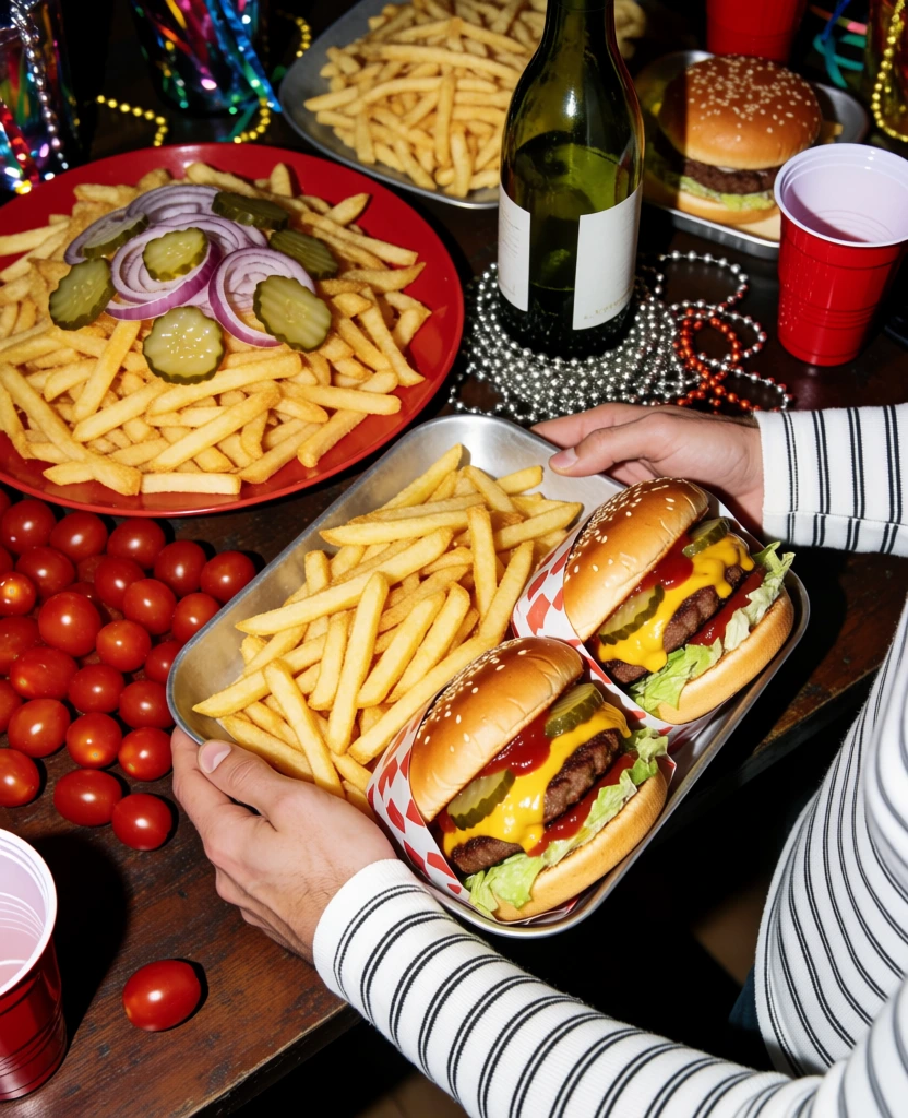 overflowing cheeseburgers and fries at a late-night table, flash photography, candid, indulgent party vibe