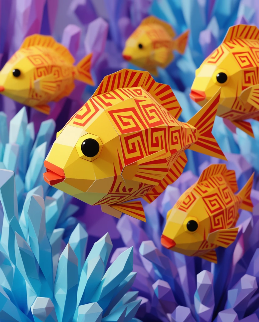 school of faceted low-poly papercraft fish, vibrant yellow bodies with red geometric patterns, round black eyes, surrounded by sharp light blue and purple crystalline coral structures, 3D render style, studio lighting, crisp geometric edges, shallow depth of field