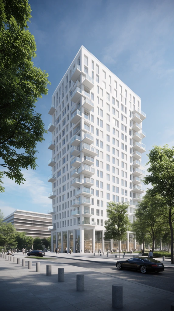 A photorealistic architectural rendering captures a modern white residential tower in a sunlit urban plaza. The structure features a pristine grid of rectangular windows and staggered glass-paneled balconies projecting from its corners. Its ground level consists of double-height glass storefronts. Lush green trees frame the left foreground and right midground, contrasting vibrantly with the stark white architecture and the bright blue sky dotted with wispy clouds. A paved grey plaza lined with short cylindrical stone bollards occupies the foreground. Small pedestrian figures stroll along the sidewalks alongside a few dark cars, including a black coupe on the roadway. A secondary lower building with horizontal louvers sits in the background to the left. The scene utilizes a wide-angle eye-level perspective with bright directional sunlight casting sharp shadows, creating a crisp and idealized aesthetic.