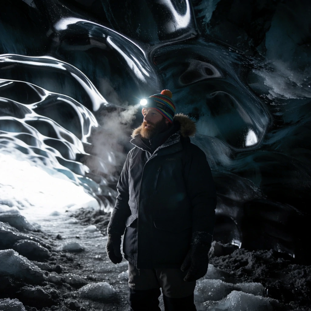 bearded explorer in dark ice cave, heavy dark winter parka, multicolored beanie, glowing headlamp on forehead, visible breath vapor in freezing air, standing on rugged icy ground, undulating glossy black and blue ice cave ceiling illuminated by strong lateral light from left, dramatic low key lighting, cinematic environmental photography, high contrast