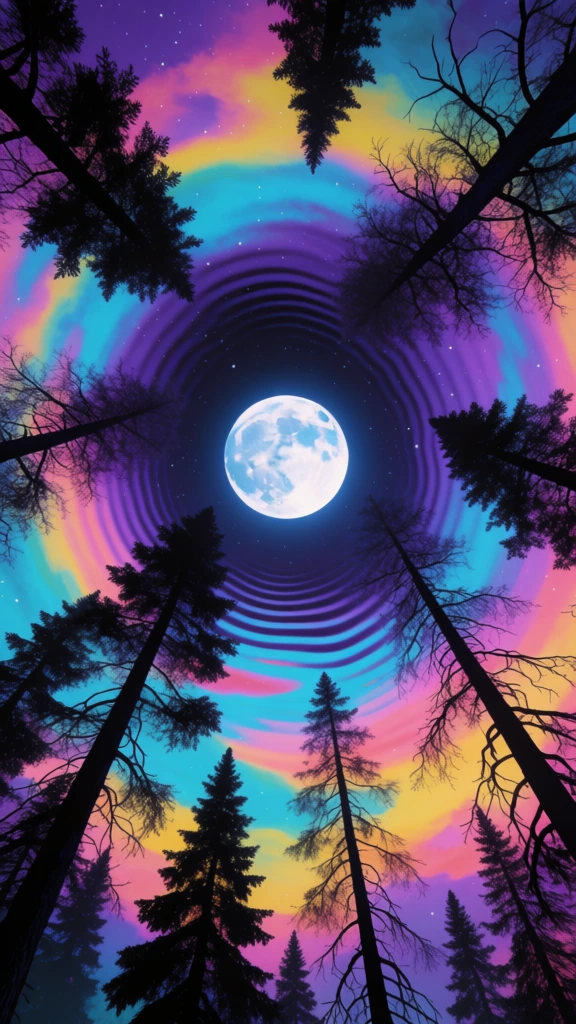 A vibrant, surreal night scene depicts a glowing full moon centered within a ring of silhouetted trees against a multicolored, rippling sky. The full moon is bright white with faint blue craters, positioned in the center of the upper half of the image. Tall, dark silhouettes of evergreen trees rise from the bottom and sides of the frame, their spindly branches and needle-covered limbs pointing inward toward the moon. The sky behind the trees features a psychedelic array of colors including deep purple, vibrant cyan, soft pink, and warm yellow, arranged in concentric, rippling circles that emanate from a dark void just above the moon. Tiny, white, pin-point stars are scattered across the colorful background. The perspective is a vertical worm’s-eye view, looking straight up into the canopy from the forest floor. The lighting is dominated by the moon’s soft glow, which illuminates the surrounding atmosphere. The overall aesthetic is digital art with a high-contrast color palette and a dreamlike, psychedelic quality.
