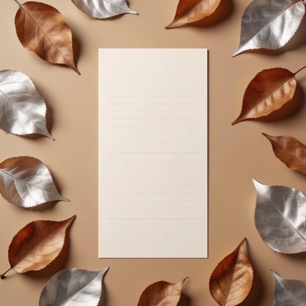 A tall, off-white rectangular card rests on a smooth camel-colored surface, bordered by scattered dried autumn leaves. The framing leaves feature a mix of rich copper-brown tones and metallic silver finishes with prominent veining. The central cream card is divided into evenly spaced sections by faint horizontal lines. Soft, diffused overhead lighting casts gentle drop shadows from the foliage and card onto the background, creating a subtle flat-lay composition. The earthy color palette blends warm beige, copper, and silver in an elegant, minimalist aesthetic.