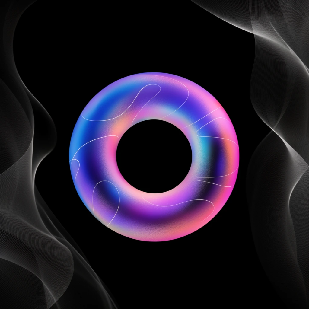 A glowing, iridescent torus floats directly in the center of a pitch-black void. The 3D geometric ring features a stippled, frosted-glass texture illuminated by a vibrant gradient blending electric blue, deep violet, bright magenta, and neon pink. Delicate, fluid white curves trace organic patterns across its colorful surface. Flanking this central object are sweeping, translucent ribbons of fine silver mesh, undulating like digital smoke waves that gracefully dissipate into the dark background. The abstract digital composition relies on extreme contrast, smooth geometric shapes, and a sleek, futuristic aesthetic.