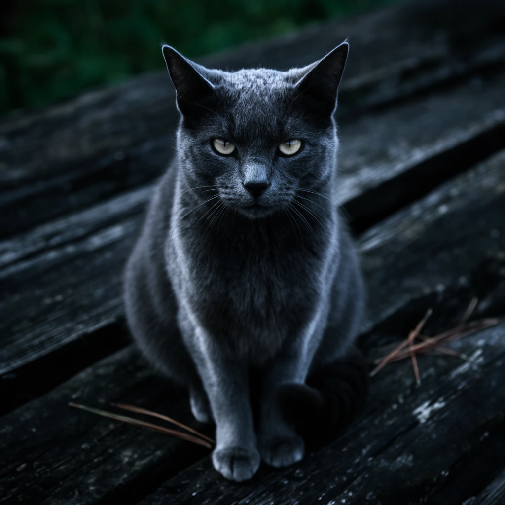 A charcoal-grey cat with piercing pale-yellow eyes sits upright on dark, weathered wooden planks. Facing the camera directly, the feline's fur catches a silvery sheen under moody, cool-toned lighting. Its paws rest neatly on the rough timber near a few dry pine needles. A shallow depth of field keeps the face in sharp focus while the rustic background and a hint of dark green foliage dissolve into a soft, cinematic blur, emphasizing the animal's intense gaze.