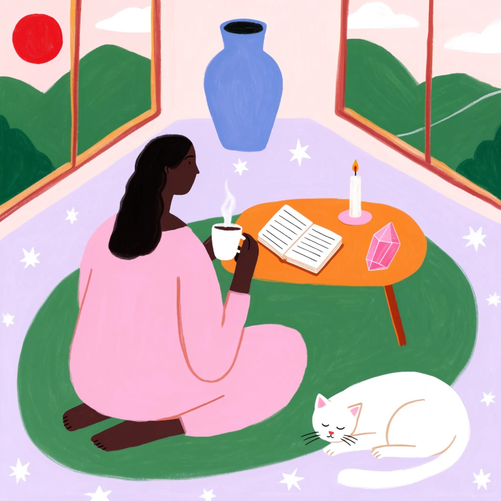 2D flat illustration, dark-skinned woman viewed from behind, loose pink garment, sitting on green oval rug holding steaming cup, low orange table with open notebook, pink crystal, lit candle, light lavender floor, scattered white stars, sleeping white cat, angled windows showing green hills and red sun, tall blue vase, naive art style, pastel palette, textured brushstrokes