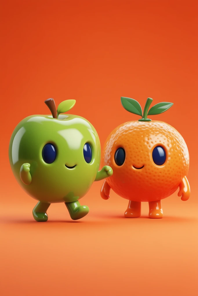 Two 3D anthropomorphic fruit characters stand against a seamless vibrant orange backdrop. A highly glossy green apple character with tiny limbs poses mid-stride with raised arms. Beside it stands an orange character featuring a dimpled glossy rind and top leaves. Both feature large dark blue oval eyes and small curved smiles. The scene utilizes soft studio lighting, gentle drop shadows, and a polished vinyl toy aesthetic.