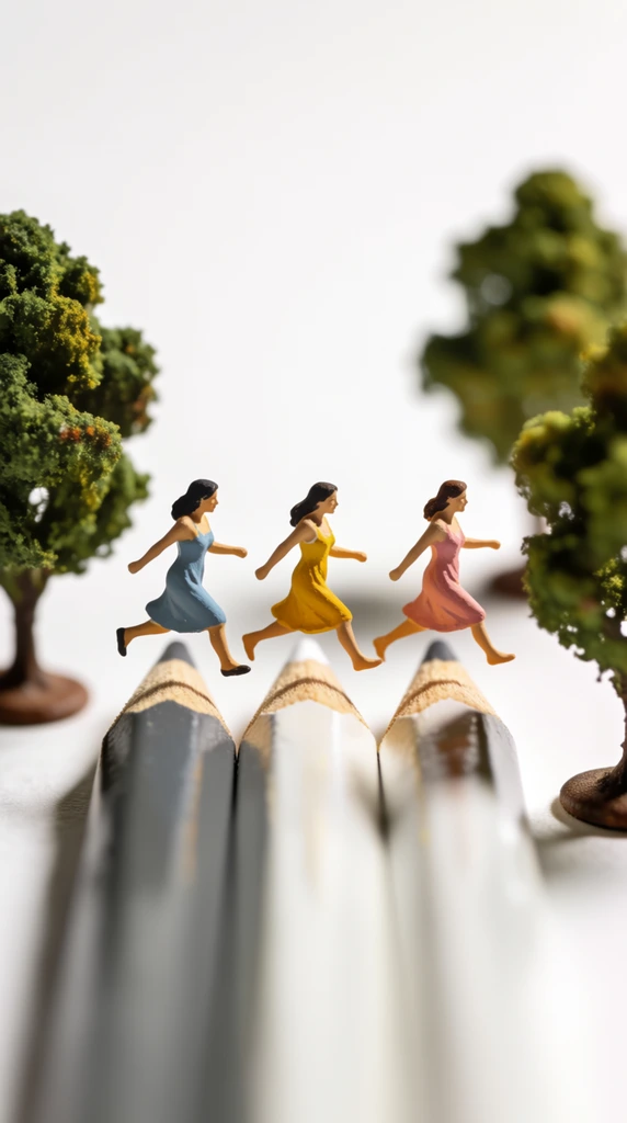three miniature women in colorful sundresses skipping across alternating grey and white wooden pencils, miniature green trees on the sides, macro diorama photography, soft studio lighting