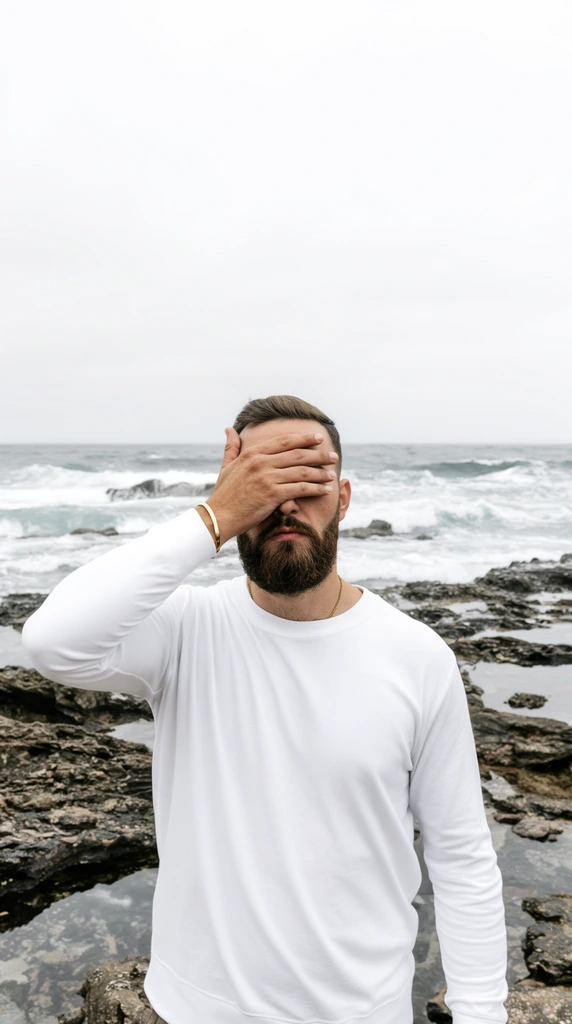 A bearded man on a rocky coastline covers his eyes with his right hand. He wears a crisp white long-sleeved crewneck, a thin gold necklace, and a gold bracelet. Behind him, a turbulent grey ocean churns with white-capped waves under a bright overcast sky. Jagged dark rocks with shallow tide pools fill the foreground. Shot straight-on from the waist up in natural diffused light, the portrait features a muted, cool color palette contrasting sharply with his bright white clothing.