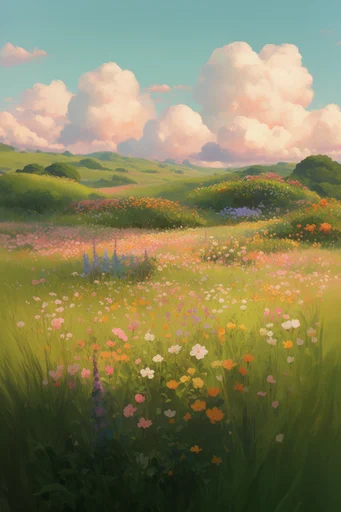 Ethereal Pastoral Dreamcore style reference image — whimsical rolling green hills