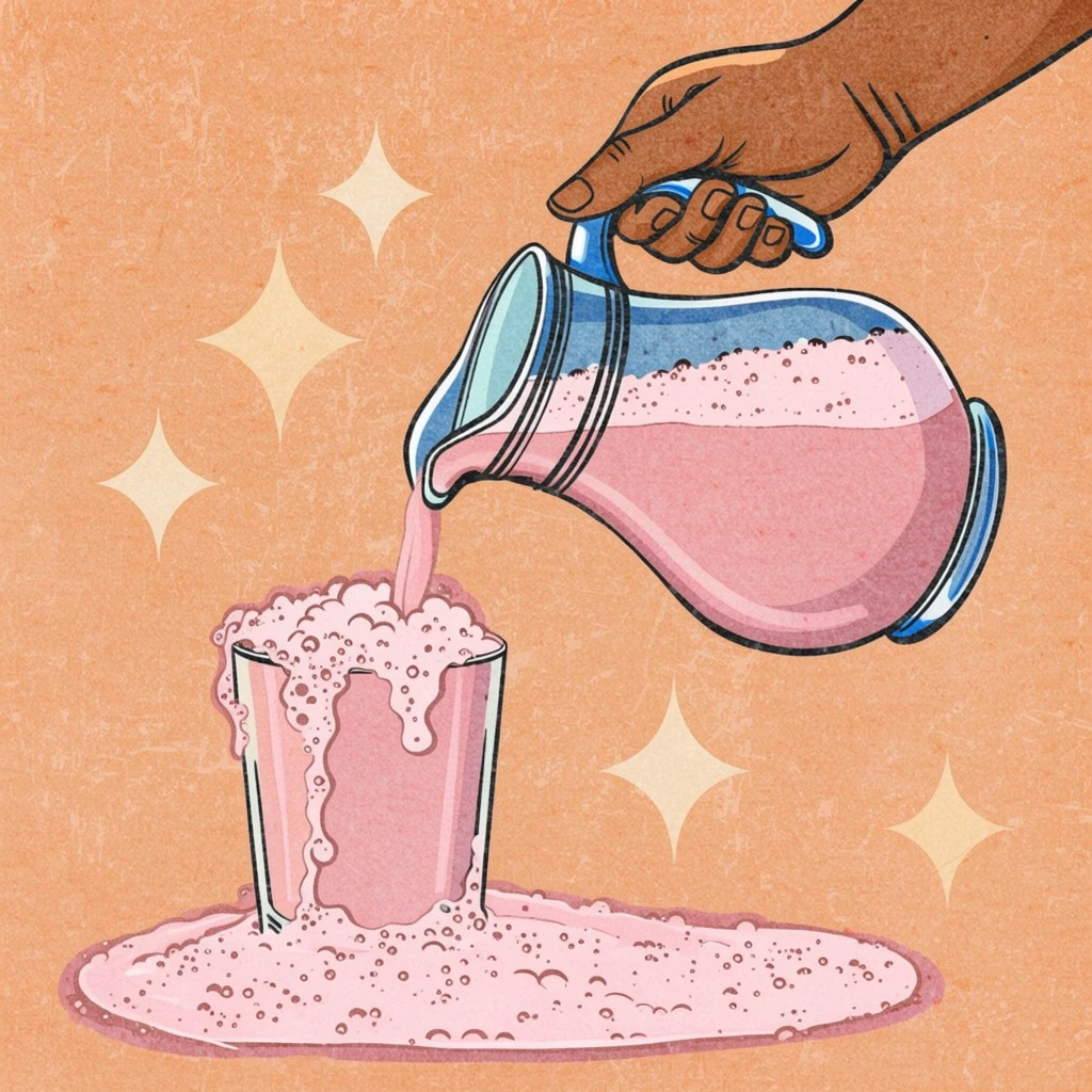 A vintage pop-art illustration of a brown hand pouring a frothy pastel pink liquid from a blue-handled glass pitcher into a clear tumbler. The overflowing tumbler forms a wide, bubbly pink puddle below. Set against a distressed, textured peach background featuring four diamond-shaped starburst sparkles, the composition utilizes warm muted colors, visible paper grain, and subtle halftone shading to emulate retro comic aesthetics.