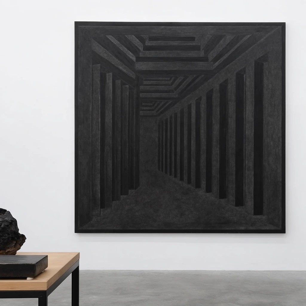 A large, square monochromatic black painting hangs prominently on a stark white gallery wall. The artwork features a geometric optical illusion rendered in charcoal and matte black, depicting a deep, receding architectural corridor with repetitive vertical columns and tiered ceiling structures. This dark, textured canvas creates a striking contrast against the brightly lit white background and the smooth grey concrete floor. In the lower left foreground, a cropped light wood table with black metal legs holds a dark rectangular object and a rough, organic dark mass. The composition uses a flat, objective camera angle to emphasize the spatial tension between the minimalist environment and the forced three-dimensional depth within the dark op-art painting.