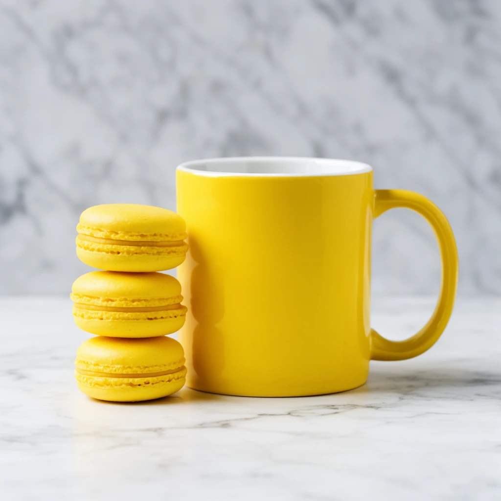 three vibrant yellow macarons stacked vertically, glossy bright yellow ceramic mug with white interior, resting on a white marble countertop with delicate grey veining, softly blurred grey marble background, bright studio lighting, subtle shadows, minimalist food photography, striking yellow color pop against monochromatic setting
