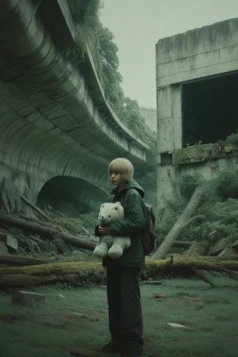 Reclaimed Brutalist Dystopia style reference image — diffuse overcast lighting
