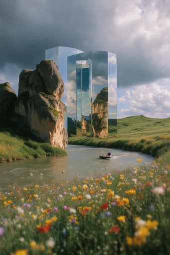 Reflective Surrealist Landscapes style reference image — geometric reflective architecture
