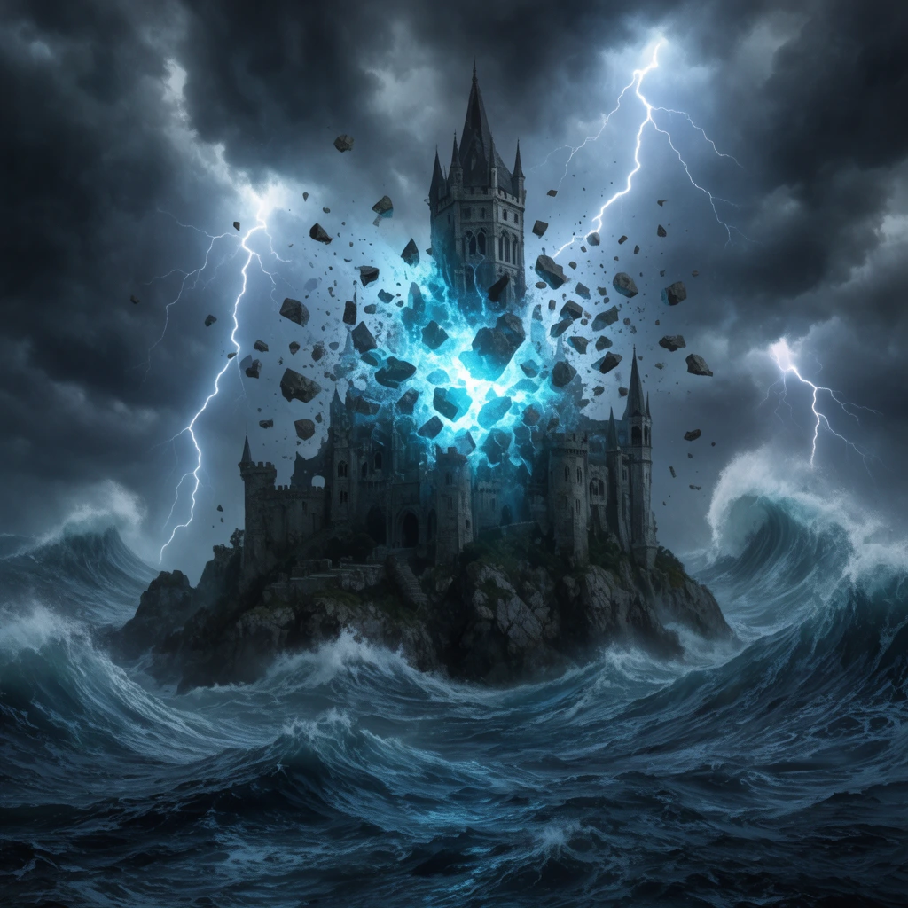 A gothic fortress on a rocky island shatters from a central blast of cyan energy, sending stone debris into a stormy sky. Immense dark ocean waves surge around the castle. Forked lightning strikes through dense charcoal clouds, illuminating the chaos. Cinematic dark fantasy art, cool blue and grey palette, dramatic wide-angle perspective.