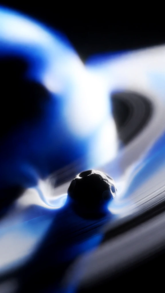 a single cratered asteroid silhouette in the foreground carving a fluid wake through planetary rings, rendered with extreme gaussian blur and diffused soft-focus, high-contrast chiaroscuro featuring deep obsidian and electric cobalt tones, blooming white highlights, liquid-like organic gradients, ethereal haze, motion-blurred kinetic energy, soft-edged amorphous forms, dreamlike atmosphere, ink-in-water aesthetic, a complete absence of sharp lines, luminous chromatic glow.