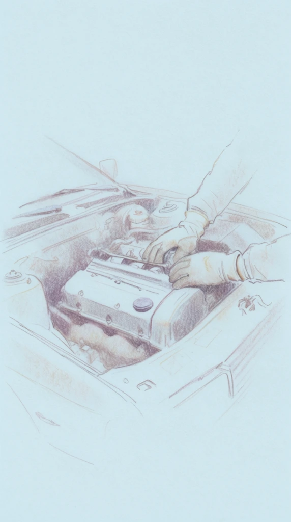 A minimalist, hand-drawn colored pencil sketch depicts two hands wearing gloves touching a car engine centrally positioned within an engine bay. Rendered with delicate, loose, and sketchy linework, the illustration employs subtle, muted purplish-brown and faded sepia pencil strokes against a stark, pale icy blue paper background. The artwork possesses a washed-out, low-contrast aesthetic, relying heavily on the bare texture of the paper to define form. Shading is sparse and ethereal, utilizing light, unrefined cross-hatching and soft smudged textures focused on the darker crevices of the mechanical parts and the fabric folds of the gloves. The composition isolates the central mechanical interaction, enveloping the hands and engine block in expansive, blank space to emphasize the fragile, vintage quality of the dry medium illustration.