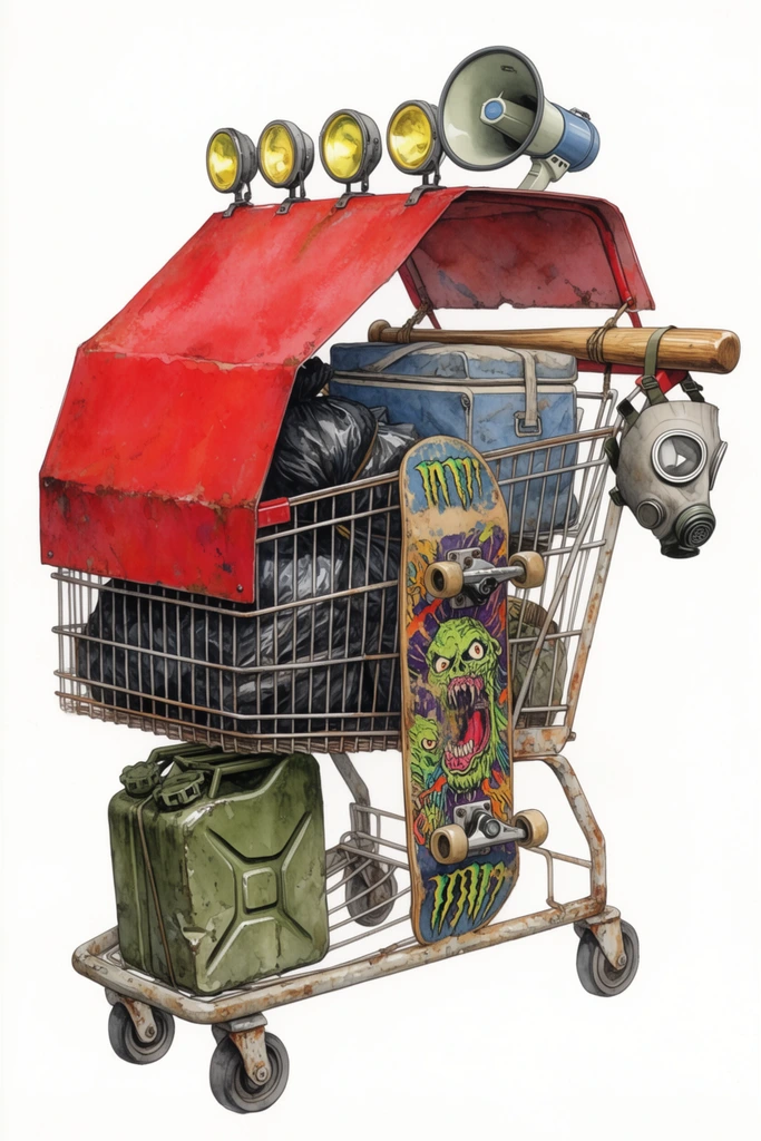 A rust-stained shopping cart transformed into a survivalist rig stands isolated against a stark white background. A weathered, bright red metal sheet is bent over the front and top, forming a protective canopy. Four round yellow halogen lights and a grey megaphone are mounted to the upper edge of this makeshift shield. The cart overflows with scavenged supplies, including bound black plastic bags, a faded blue canvas cooler, and a dented olive-green fuel jerrycan secured near the front wheels. Strapped to the side is a distressed skateboard deck featuring vibrant monster artwork. A wooden baseball bat is horizontally lashed to the push handle, with a grey respirator gas mask dangling from its grip. The detailed watercolor and ink illustration emphasizes chipped paint, oxidized metal, and a rugged utilitarian aesthetic in an evenly lit studio composition.