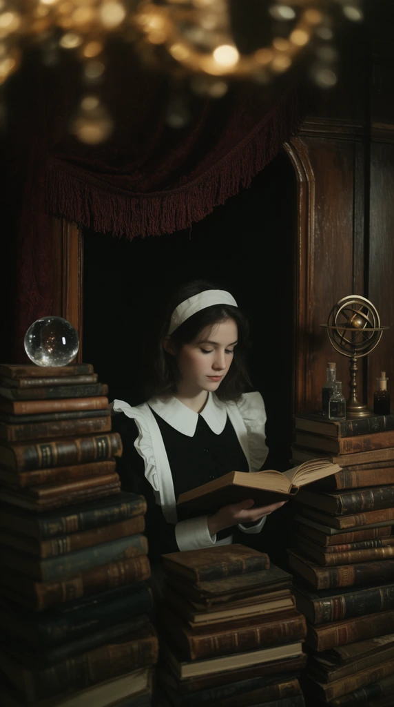 A young woman in a vintage black and white maid uniform reads quietly, surrounded by towering stacks of antique leather-bound books. Framed within a wooden alcove draped with a fringed burgundy curtain, she gazes downward at an open volume. Cinematic chiaroscuro lighting highlights her pale face and white collar against deep ambient shadows. A clear crystal ball, a brass armillary sphere, and glass vials rest on the adjacent book stacks. The composition uses deep focus on the subject with blurred golden chandelier bokeh in the upper foreground, utilizing a rich palette of dark browns and warm sepia to create a moody, highly detailed dark academia atmosphere.