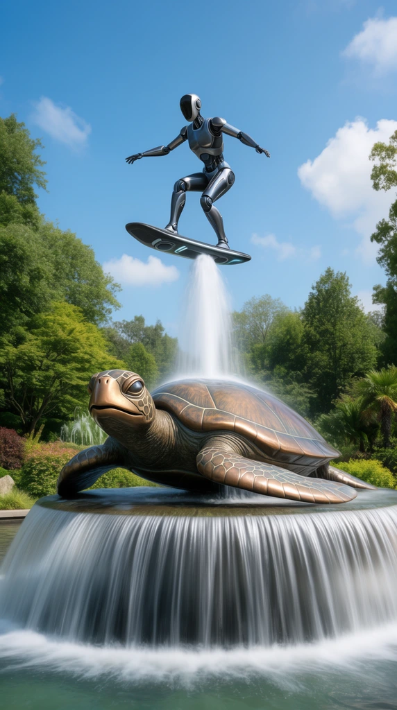 large bronze fountain sculpture of a smiling giant sea turtle, smooth long exposure cascading water pouring over a wide circular base, vertical water spout erupting upwards, sleek humanoid robot balancing on a hoverboard atop the spout, surfing pose, dark metallic finish, futuristic botanical garden, lush green trees, bright blue sky with scattered white clouds, vibrant daylight, low angle shot