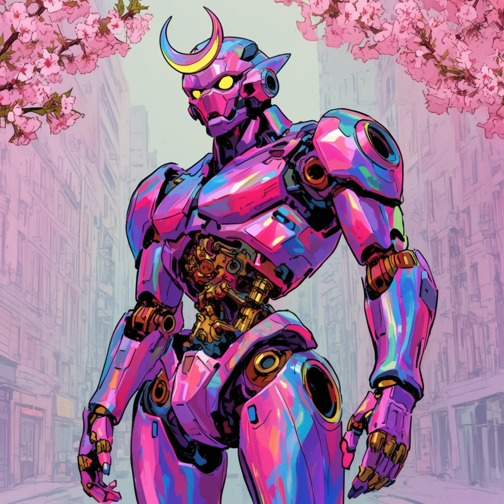 humanoid mecha robot, iridescent pink purple and blue metallic armor, glowing yellow eyes, crescent horn on head, exposed gold and copper mechanical joints in midsection, standing on a pale pastel city street, framed by pink cherry blossom branches in top corners, digital illustration, comic book style, bold black inking, vibrant neon character against washed out urban background