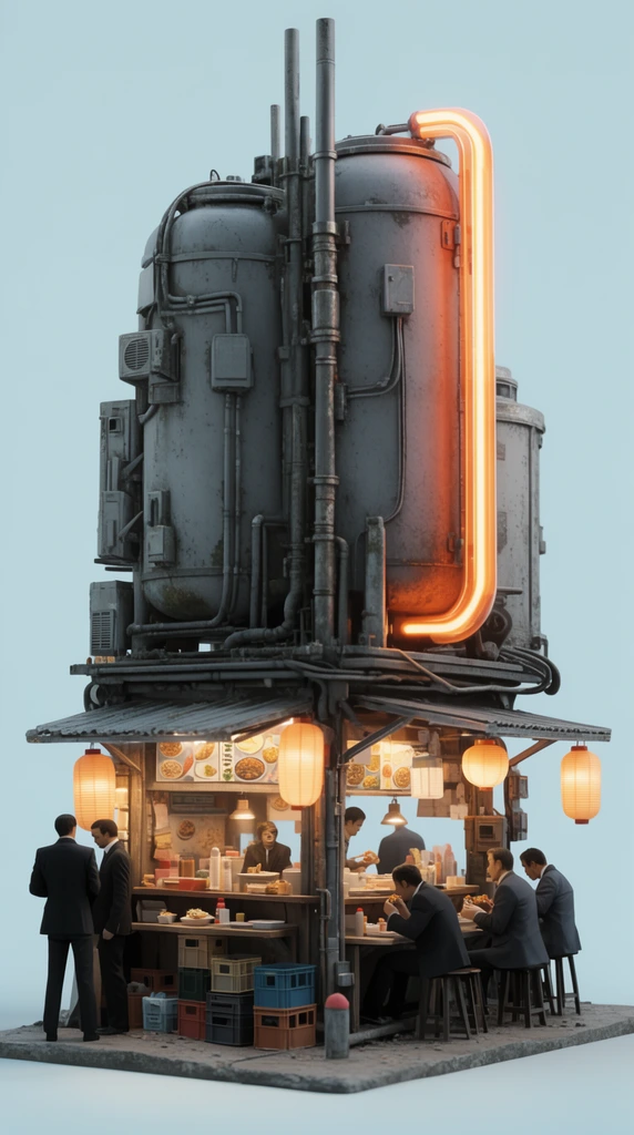 Freestanding miniature cyberpunk food stall diorama, isolated against a solid pale blue background, upper level constructed from grey industrial tanks, metal piping, large glowing orange neon tube, lower level showing a brightly lit open-air eatery, wooden counters, hanging paper lanterns, plastic crates, tiny figures in dark suits standing left, figures eating on stools right, detailed 3D render, warm interior lighting, photorealistic textures