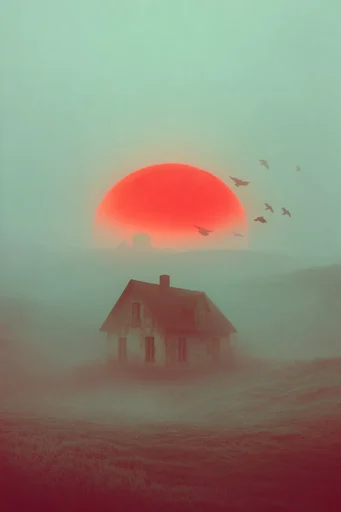 Minimalist Solar Surrealism style reference image — sage green atmospheric fog