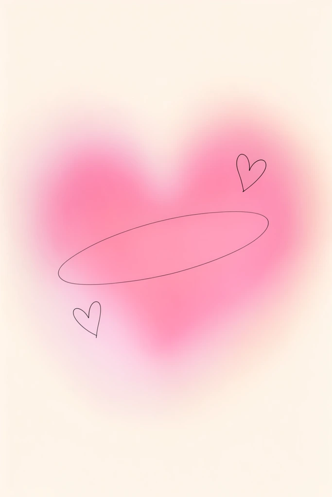 A softly blurred pastel gradient featuring a large glowing pink heart radiating at the center. The vibrant pink core diffuses outward, fading seamlessly into a warm, creamy off-white canvas. Overlaid onto this ethereal aura are delicate, thin black line-art drawings of two small floating hearts and a minimalist elliptical swoosh. The minimalist composition utilizes a smooth airbrushed glow effect.