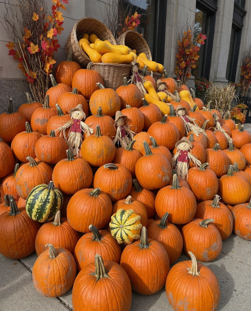 A towering, overflowing mountain of harvested pumpkins creates a dense autumn display on a concrete sidewalk. Hundreds of bright orange pumpkins with natural dirt textures and thick stems dominate the foreground, accented by a striking green and yellow striped gourd. Woven baskets near the peak spill over with elongated yellow squash. Small straw scarecrows and tall dried branches with faux maple leaves emerge from the vibrant pile. This chaotic organic mound contrasts sharply against a grey stone building facade with dark windows, captured in bright natural daylight.