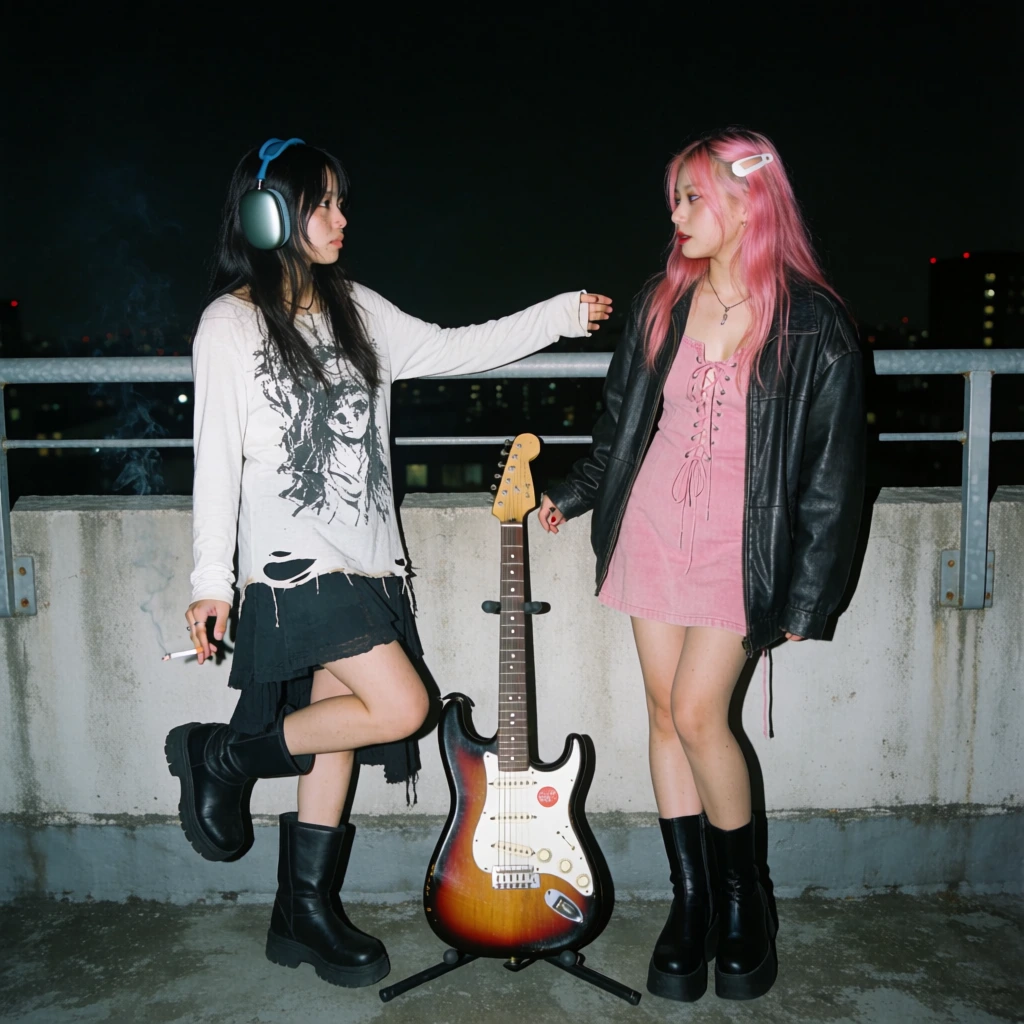 Two young women stand outdoors at night on a concrete rooftop or balcony, positioned behind a low concrete wall topped with a metal railing. The woman on the left has long dark hair and wears large teal over-ear headphones, a white long-sleeved shirt with a black graphic print and tattered hem, a dark layered skirt, and chunky black mid-calf boots. She stands with one leg bent, holding a lit cigarette in her right hand while her left arm reaches out towards the other woman. The woman on the right has long, bright pink hair adorned with a large white clip and wears a pink lace-up dress under an oversized black leather jacket and black platform boots. She stands facing the first woman, slightly leaning back against the wall. Between them sits a sunburst-finish electric guitar with a white pickguard, standing upright on its base. The background is a dark night sky over a cityscape with faint lights from distant buildings visible through the gap below the railing. The scene is illuminated by a harsh, direct camera flash, creating high contrast and casting sharp shadows, resulting in a lo-fi, amateur photography aesthetic with a slightly grainy texture. A small red circular sticker is visible on the white pickguard of the guitar.