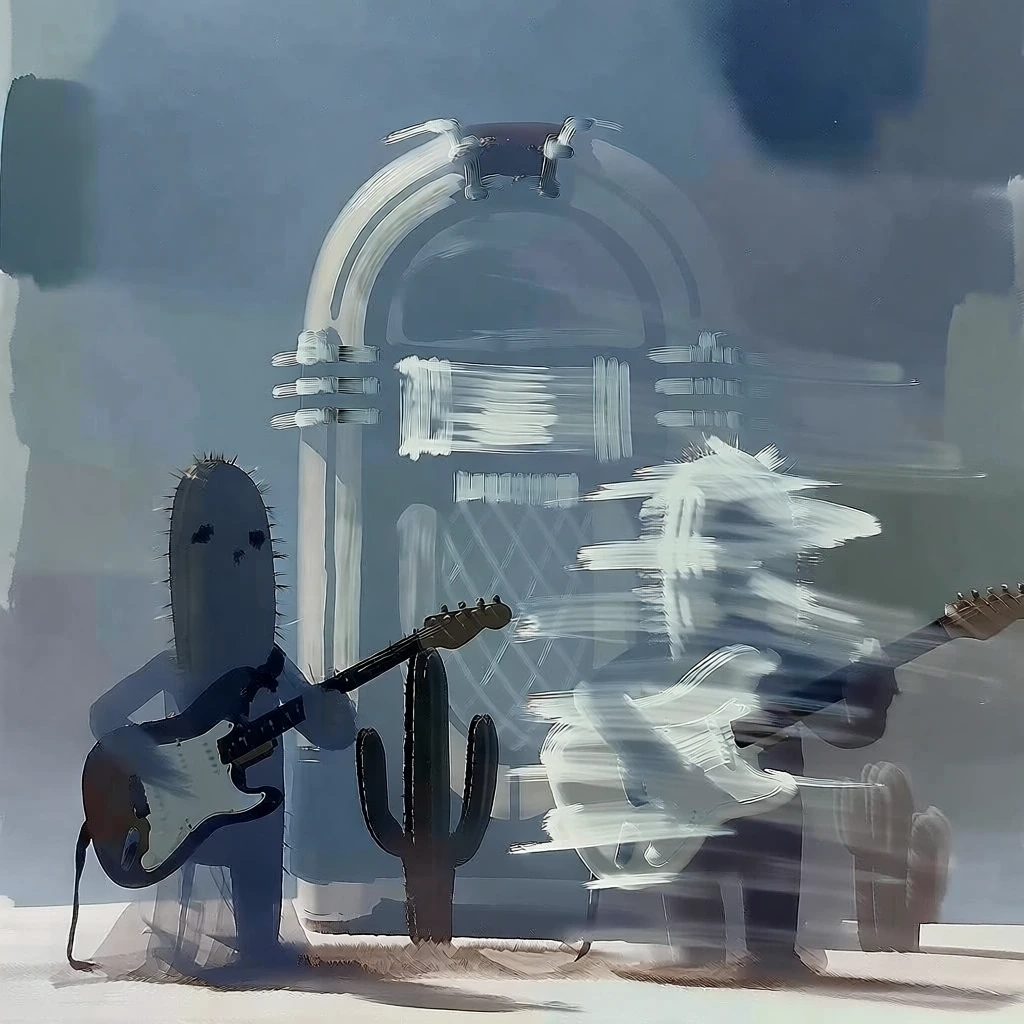 two anthropomorphic cactus characters playing guitars in the foreground, two regular cacti between and behind them, a large arched jukebox under a starry sky in the background, rendered in a spectral motion-blur style with horizontal gestural white streaks, smudged translucency, dry-brush paint textures, minimalist silhouettes, monochromatic slate and desaturated blue palette, ephemeral ghosting, high-contrast kinetic highlights, long-exposure aesthetic, ethereal mood.
