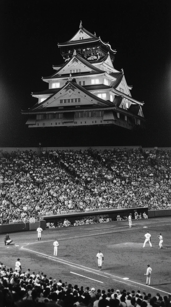A brightly illuminated multi-tiered Japanese castle looms in the pitch-black sky directly above a packed baseball stadium. This high-contrast black and white photograph captures a nighttime game with players positioned on a brightly lit dirt infield. A massive curved grandstand densely filled with thousands of spectators separates the field from the dark void above. Grainy vintage texture and telephoto compression create a surreal juxtaposition between the towering ancient architecture and the modern sporting event below.