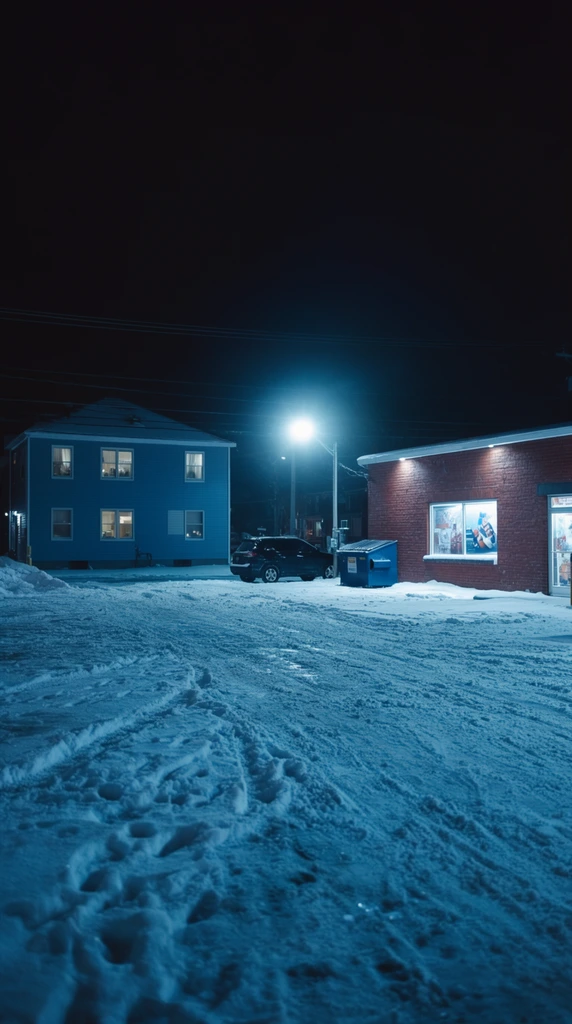 A snow-covered parking lot at night illuminated by a harsh, cool-toned streetlamp positioned between a two-story blue building and a single-story red brick structure. Heavily tracked snow with distinct footprints and tire ruts dominates the foreground, tinted deep cyan by the overhead glare. The boxy residential building on the left features lit windows casting warm yellow light, while the red brick commercial building on the right features a brightly illuminated window display. A dark SUV is parked near a blue dumpster between the structures. Overhead power lines slice horizontally across a vast, pitch-black night sky. Cinematic night photography with high-contrast atmospheric lighting emphasizes the stark visual divide between the icy, textured blue terrain and the absolute dark void above.