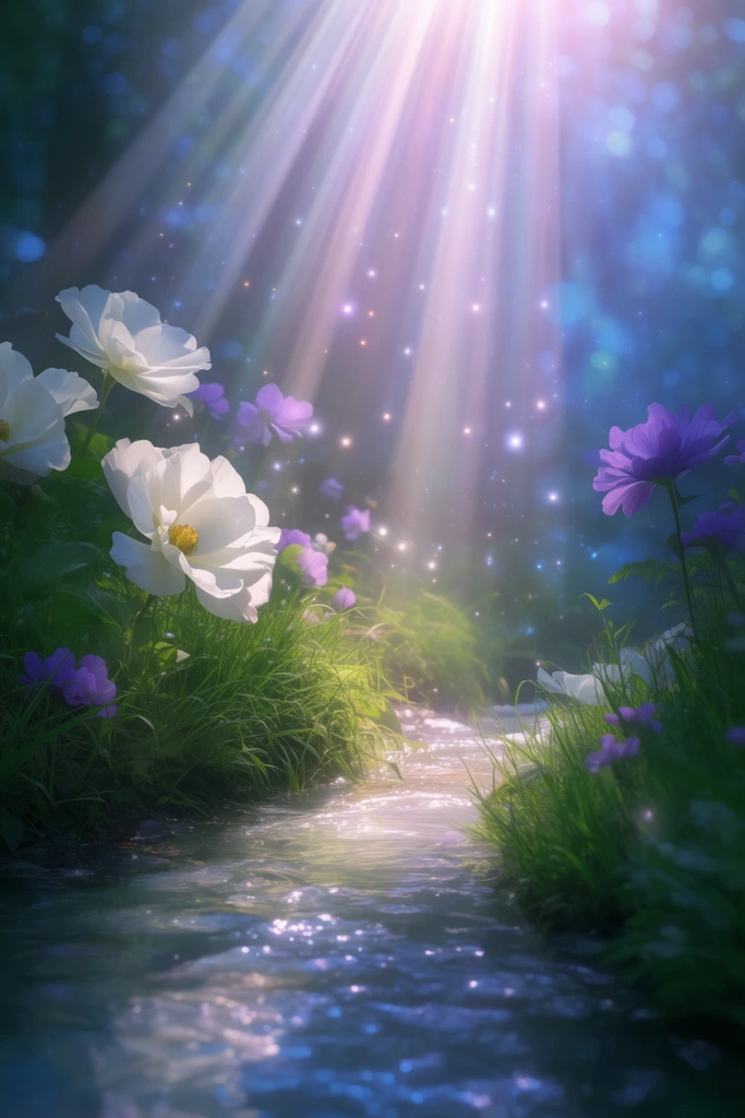 serene woodland stream, large white and purple flowers in lush grass, intense ethereal god rays beaming from above, volumetric lighting illuminating water, floating glowing particles, soft blue bokeh background, magical fantasy digital painting