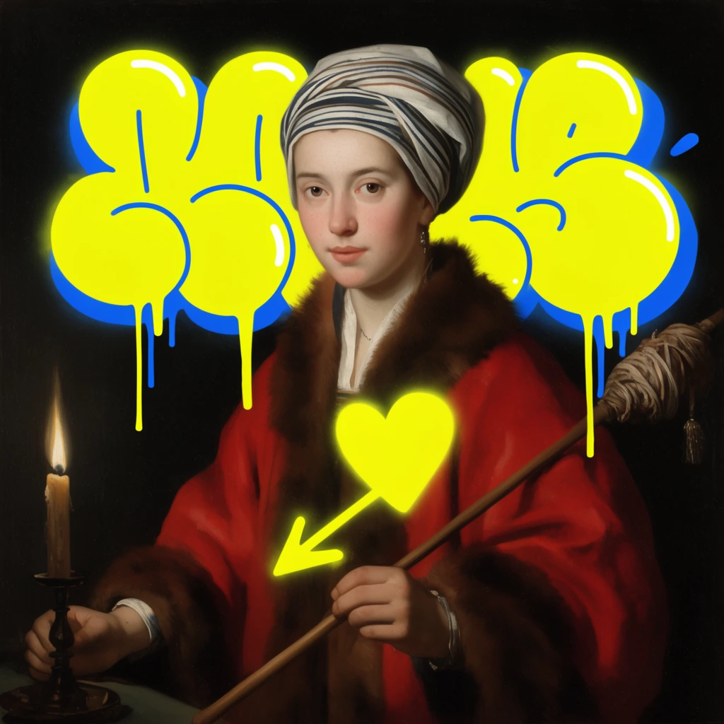 A Baroque-style oil portrait of a young woman overlaid with neon yellow and blue street art graphics. The woman is illuminated by a lit candle in stark chiaroscuro against a pitch-black background. She wears a striped white headwrap, a red fur-trimmed robe, and holds a wooden distaff. Bright glowing yellow abstract bubble shapes with blue drop shadows and dripping paint effects frame her head. A glowing yellow heart and arrow motif floats near her chest, creating a striking contrast between 17th-century realism and flat modern digital aesthetics.