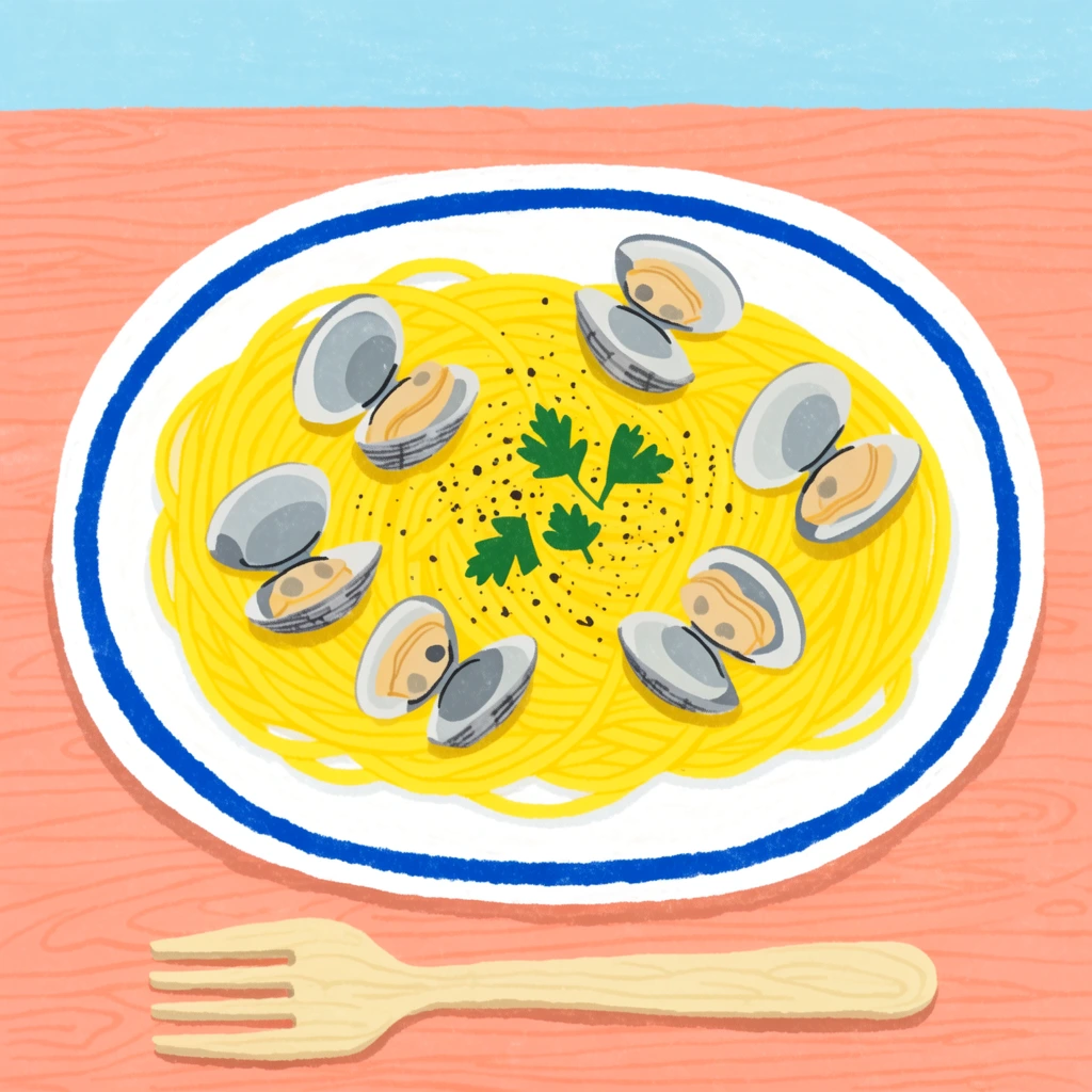 A top-down digital illustration of spaghetti with clams on a pinkish-orange wooden table. A white plate with a blue rim holds bright yellow pasta, grey clam shells, green parsley, and black pepper. A light wooden fork lies below. The flat, naive artwork features a grainy texture, warm colors, and a light blue background strip at the top.