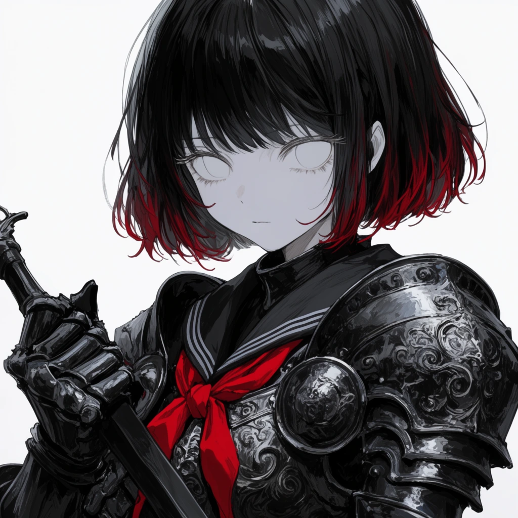 Pale girl with blank eyes and red-tipped black hair wearing ornate dark plate armor and a sailor collar with a bright red neckerchief. She holds a dark sword against a stark white background. Detailed anime linework, monochromatic palette with crimson accents.