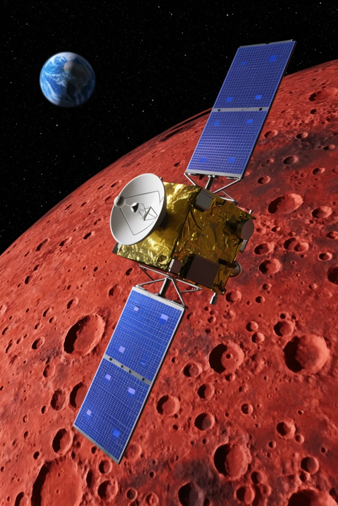 A gold-foil space probe with large blue solar panels and a white dish antenna orbits a cratered red planet. The satellite is prominently featured in the foreground above the rust-colored, textured planetary surface. In the upper left, a small blue and white planet is visible against a black, starry sky. Harsh directional lighting produces stark shadows across the metallic spacecraft and the deep craters. Rendered in a realistic 3D style with high contrast.