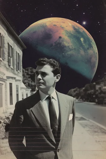 Vintage Cosmic Surrealism style reference image — analog paper collage