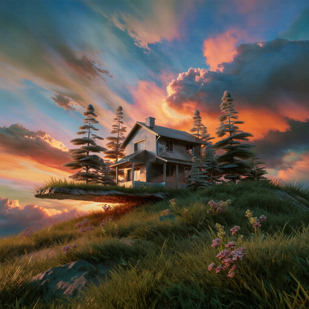 surreal cinematic digital art, a minimalist two-story house on a narrow strip of land surrounded by dense evergreen trees, perched on a lush grassy hill with wildflowers, set against a dramatic painterly sunset sky with vibrant orange pink and deep teal clouds, soft golden hour lighting, warm highlights and cool shadows, ethereal atmospheric haze, high-fidelity textures, dreamy aesthetic with subtle film grain, low-angle dynamic composition, rich saturated color palette.